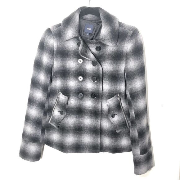 Gap Black & White Plaid Peacoat Classic Checkered Double-Breasted Jacket - XS - Picture 2 of 6
